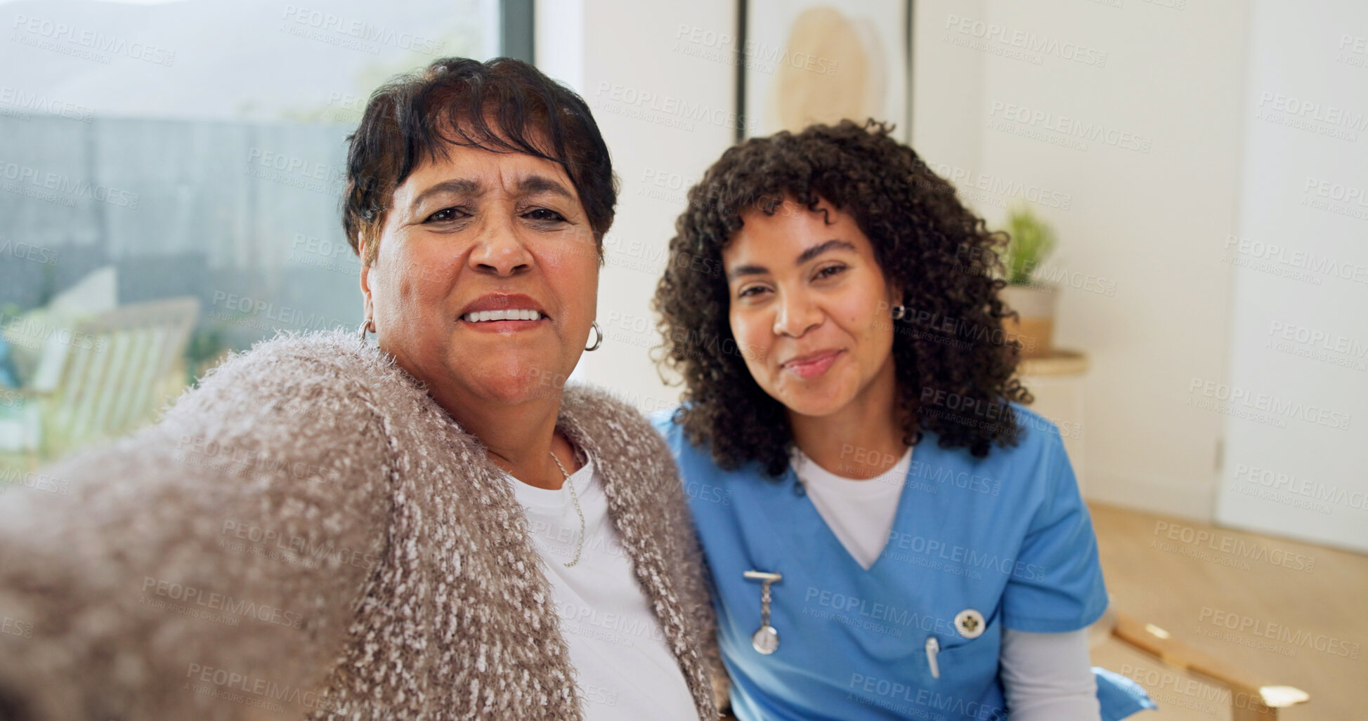 Buy stock photo Portrait, old woman and caregiver in home with selfie, photography and social media for medical post. Pov, employee and senior person in lounge with smile, profile picture update and assisted living