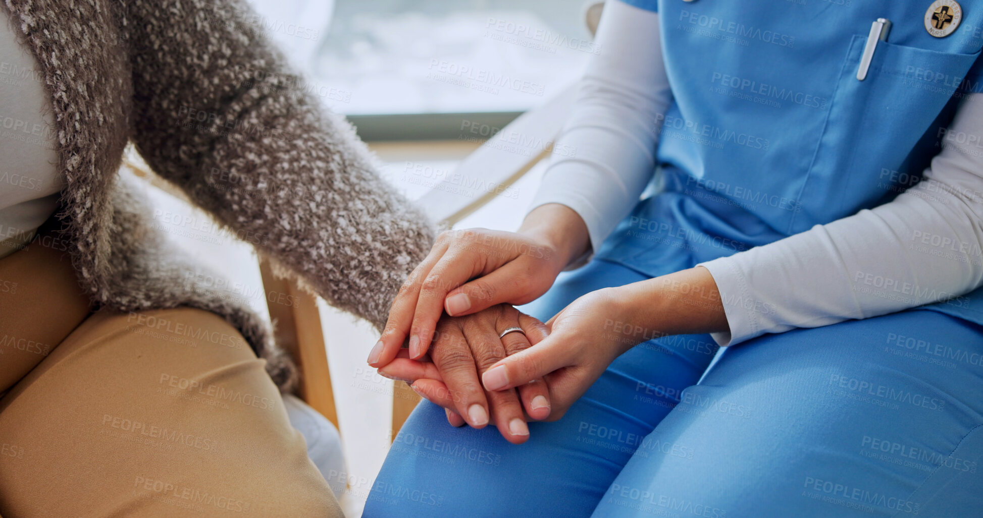 Buy stock photo Holding hands, empathy and nurse with senior woman in house for support in medical diagnosis. Checkup, healthcare and caregiver with elderly patient for compassion in treatment at nursing home.