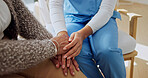 Holding hands, advice and nurse with senior woman in house for support in medical diagnosis. Checkup, healthcare service and caregiver with elderly patient for compassion in treatment at nursing home