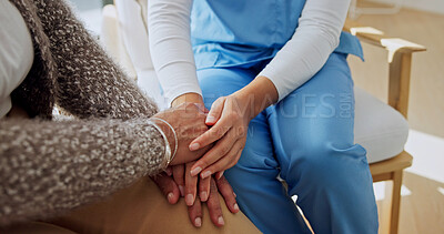 Buy stock photo Holding hands, advice and nurse with senior woman in house for support in medical diagnosis. Checkup, healthcare service and caregiver with elderly patient for compassion in treatment at nursing home