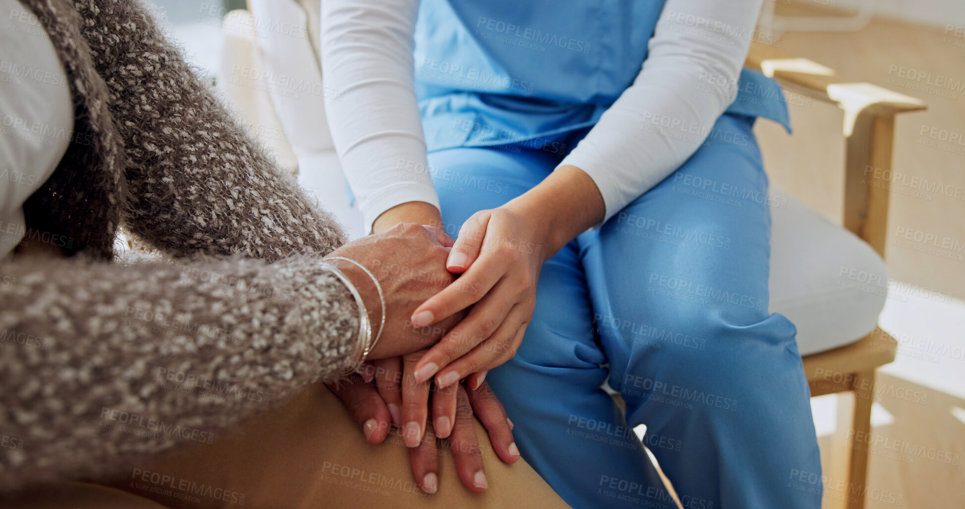 Buy stock photo Holding hands, advice and nurse with senior woman in house for support in medical diagnosis. Checkup, healthcare service and caregiver with elderly patient for compassion in treatment at nursing home