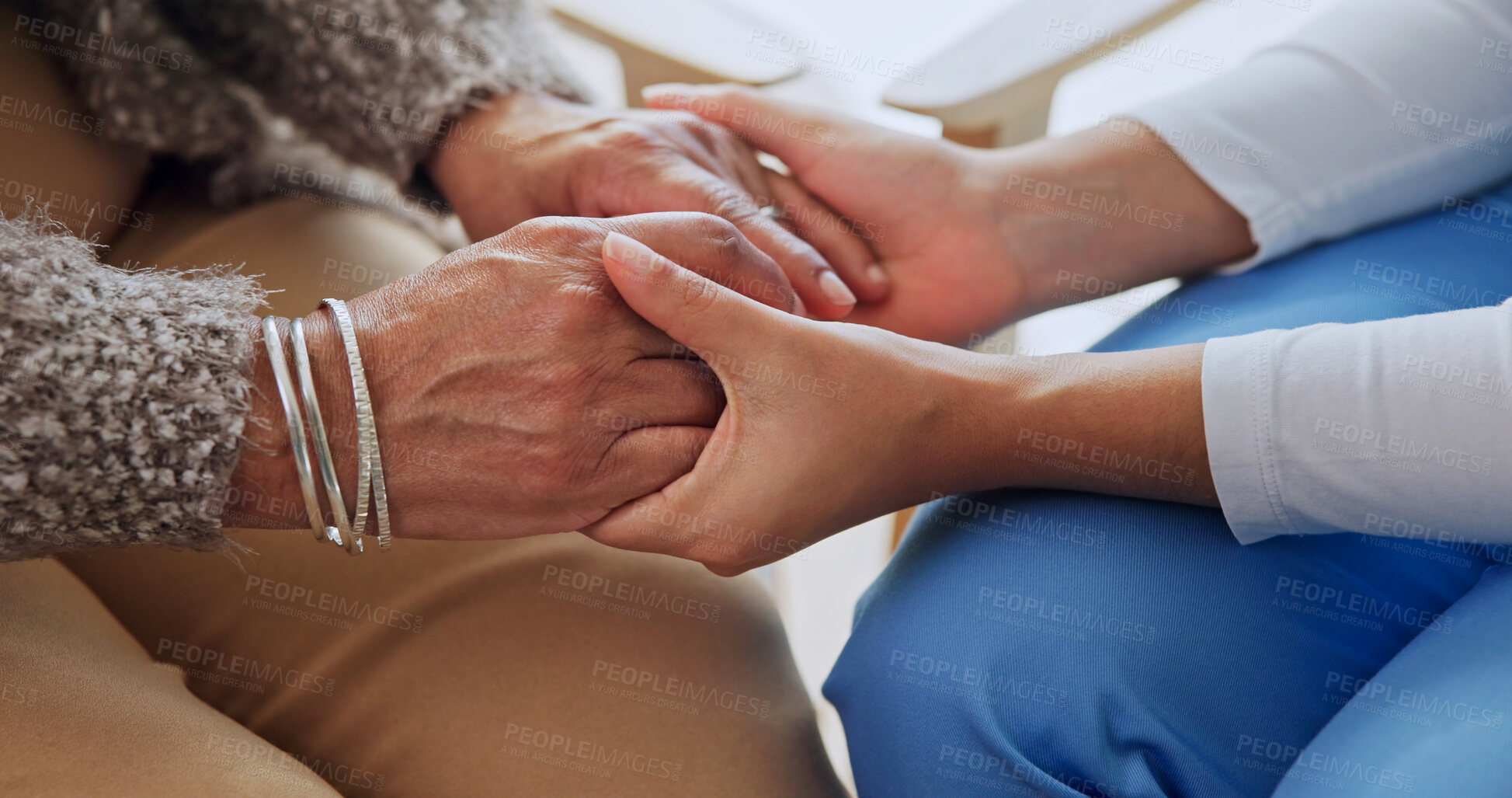 Buy stock photo Holding hands, healthcare and nurse with senior woman in house for support in medical diagnosis. Checkup, comfort and caregiver with elderly patient for compassion in treatment at nursing home.