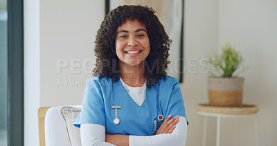 Buy stock photo Wellness, portrait or nurse in home with arms crossed, house service or pride as medical practitioner. Smile, ambition or woman with confidence, healthcare professional or about us in assisted living