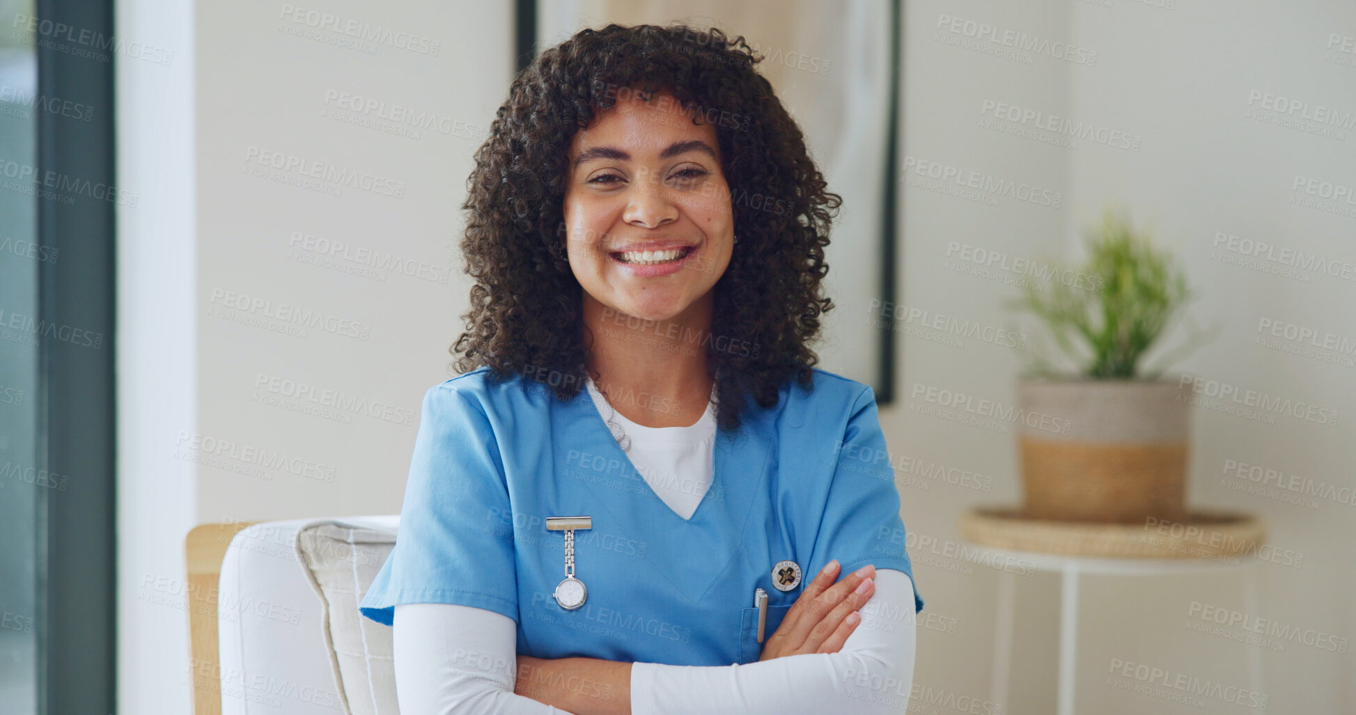 Buy stock photo Wellness, portrait or nurse in home with arms crossed, house service or pride as medical practitioner. Smile, ambition or woman with confidence, healthcare professional or about us in assisted living
