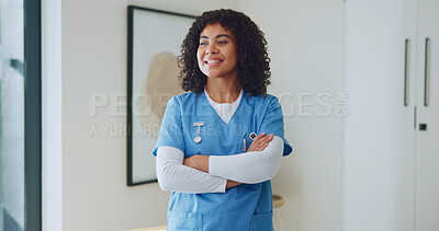 Buy stock photo Smile, woman and caregiver at house with arms crossed, vision and about us for medical assistance. Thinking, nurse or happy in home with confidence, positive attitude and ideas for healthcare service