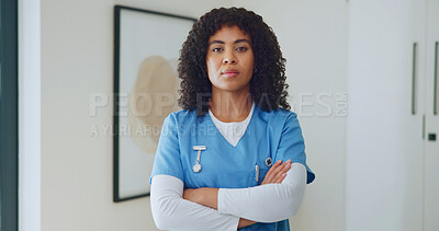 Buy stock photo Medical, portrait or nurse in home with arms crossed, house service or pride as wellness practitioner. Serious, woman or caregiver with confidence, healthcare industry or about us in assisted living.