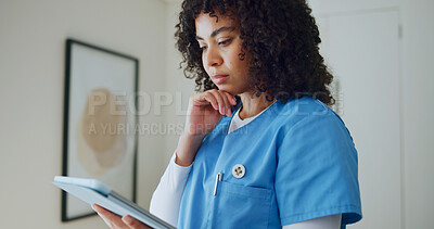 Buy stock photo Nurse, woman and thinking with tablet for reading medical report, telehealth and research in clinic. Healthcare worker, person and problem solving in hospital with tech, plan or patient care records.