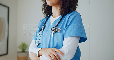 Buy stock photo Doctor, hands and arms crossed in office with medical service, cardiology specialist and expertise. Confident, woman and cardiologist in clinic with healthcare experience, work uniform and about us.
