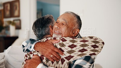 Buy stock photo Love, hug and senior couple in home for relationship security, smile and partner commitment. Happy people, care and embrace in retirement with trust, support or connection together with loyalty