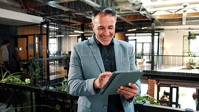 Buy stock photo Man, realtor and tablet in office for smile, property management and service review. Mature, real estate agent and digital tech in agency for commission update, app scroll and research for reading
