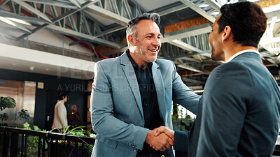 Buy stock photo Man, realtor and handshake in office for smile, property management or service deal. Client, real estate agent and shaking hands in agency for commission update, meeting and conversation for greeting