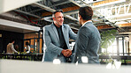 Man, realtor and shaking hands in office for smile, property management or service deal. Client, real estate agent and handshake in agency for commission update, meeting and conversation for greeting
