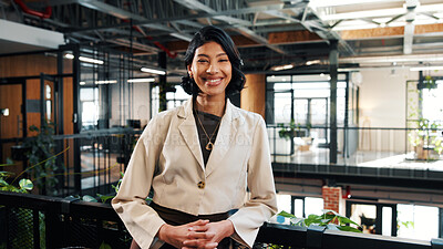 Buy stock photo Business, portrait and smile of woman in green office for about us, eco friendly mission or future. Happy, plants and sustainability with confident employee in workplace for environmental occupation