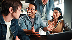 Laptop, discussion and business people in office with feedback on software development project. Happy, review and team of web designers with manager for advice on UI interface on computer at agency.
