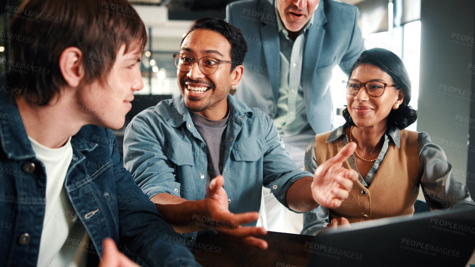 Buy stock photo Laptop, discussion and business people in office with feedback on software development project. Happy, review and team of web designers with manager for advice on UI interface on computer at agency.