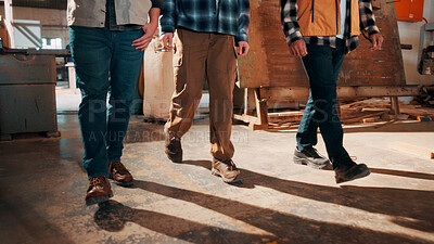 Buy stock photo Team, carpentry and legs of men in workshop for wood production, manufacturing and timber supply. Construction, walking and people in warehouse for woodworking, furniture repair and lumber inventory