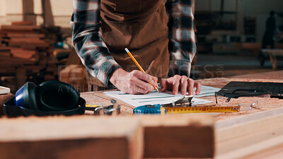 Buy stock photo Man, hands and carpenter writing on document in warehouse for wood stock or lumber production. Carpentry, artisan or schedule with paperwork for furniture distribution or quote in woodwork workshop