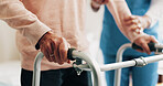 Hands, walking frame and nurse with senior woman for assistance, balance and help for movement. Nursing home, healthcare and caregiver with elderly person for mobility, assisted living and care