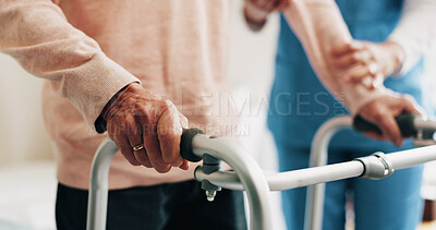 Buy stock photo Hands, walking frame and nurse with senior woman for assistance, balance and help for movement. Nursing home, healthcare and caregiver with elderly person for mobility, assisted living and care