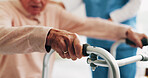 Help, frame and nurse with senior woman for assistance, balance and support with walking stick. Nursing home, healthcare and caregiver with elderly person for mobility, assisted living and care