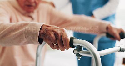 Buy stock photo Help, frame and nurse with senior man for assistance, balance and support with walking stick. Nursing home, healthcare and caregiver with elderly person for mobility, assisted living and care