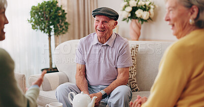 Buy stock photo Friends, old man and happy with talk in home for social gathering, supportive community and chat. Pensioner, people and relax with laugh on sofa for conversation, retirement bonding and weekend visit