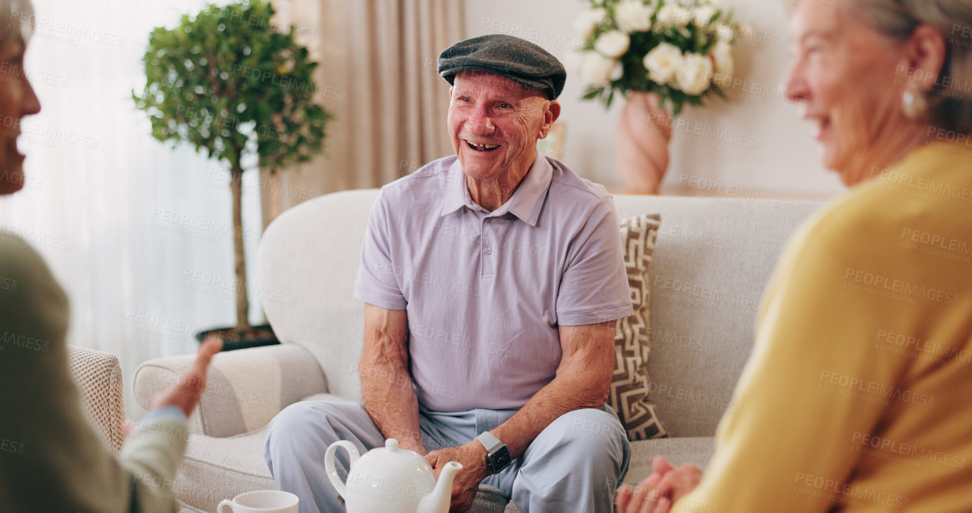 Buy stock photo Friends, old man and happy with talk in home for social gathering, supportive community and chat. Pensioner, people and relax with laugh on sofa for conversation, retirement bonding and weekend visit