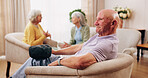 Thinking, elderly man and smile on couch, contemplating or senior friends with gossip in living room. Happy, reflection and old people in lounge, discussion and remember past on weekend in house
