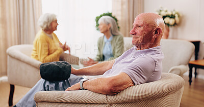 Buy stock photo Thinking, elderly man and smile on couch, contemplating or senior friends with gossip in living room. Happy, reflection and old people in lounge, discussion and remember past on weekend in house