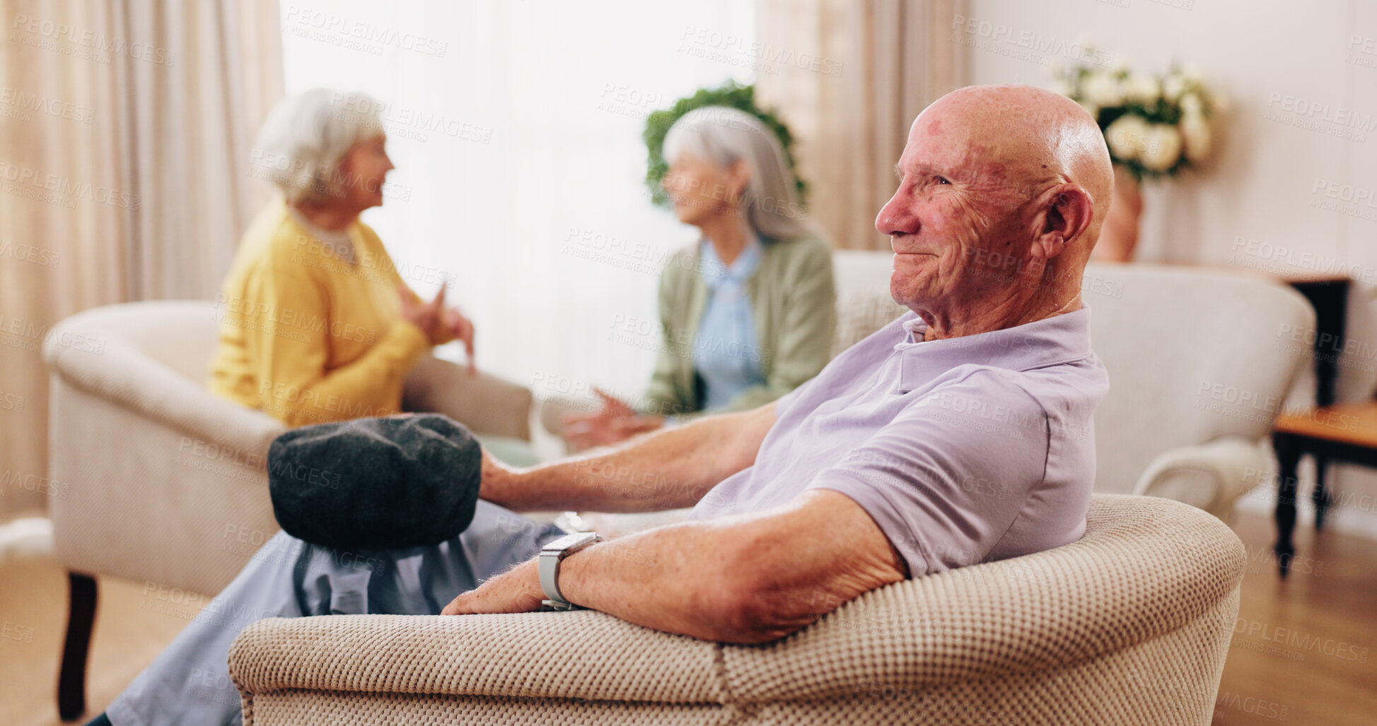Buy stock photo Thinking, elderly man and smile on couch, contemplating or senior friends with gossip in living room. Happy, reflection and old people in lounge, discussion and remember past on weekend in house