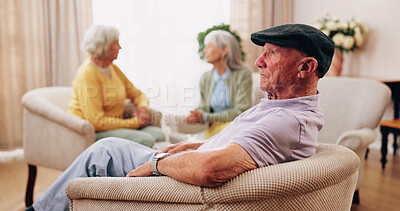 Buy stock photo Thinking, elderly man and memory on couch, contemplating and old friends with gossip in living room. Serious, reflection and senior people in lounge, discussion and remember past on break in house