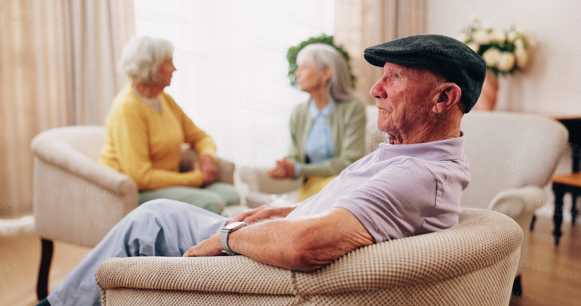 Buy stock photo Thinking, elderly man and memory on couch, contemplating and old friends with gossip in living room. Serious, reflection and senior people in lounge, discussion and remember past on break in house