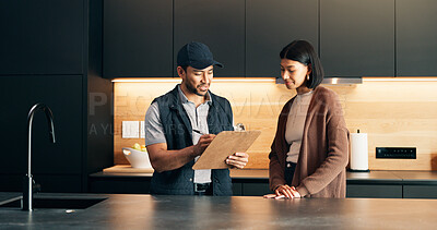 Buy stock photo Checklist, client and clipboard with handyman in kitchen for invoice agreement, repair plan and consulting. Plumbing solution, home renovation quote and advice with people for inspection notes