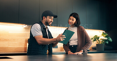 Buy stock photo Consulting, client and tablet with handyman in kitchen for invoice agreement, repair plan and advice. Plumbing solution, home renovation quote and online checklist with people for inspection notes