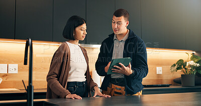 Buy stock photo Consulting, client and tablet with handyman in kitchen for invoice agreement, repair plan and advice. Plumbing solution, home renovation quote and online checklist with people for inspection notes