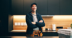 Handyman, tools and portrait of man in kitchen for plumbing service, maintenance and repair. Happy, home and person with utility belt, equipment and crossed arms for project, renovation and fixing