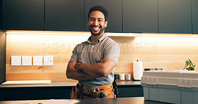 Buy stock photo Plumber, tools and portrait of man in kitchen for plumbing service, maintenance and repair. Handyman, home and person with utility belt, pride and crossed arms for project, renovation and fixing