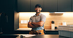 Handyman, clipboard and portrait of man in kitchen for plumbing service, maintenance and repair. Paperwork, home and person with utility belt, pride and crossed arms for project, renovation or fixing
