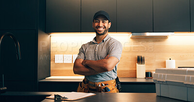 Buy stock photo Handyman, clipboard and portrait of man in kitchen for plumbing service, maintenance and repair. Paperwork, home and person with utility belt, pride and crossed arms for project, renovation or fixing