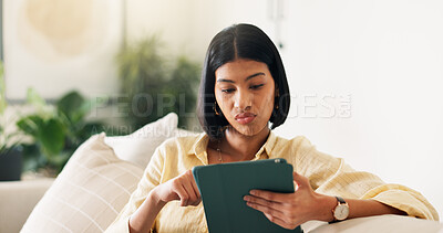 Buy stock photo Tablet, research and woman on sofa in home with connection, news update or social media. Relax, digital technology and person reading blog on celebrity gossip on app in living room at apartment.