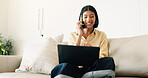 Laptop, phone call and woman in house with remote work for creative project with feedback. Computer, happy and blogger on mobile discussion for review on freelance publishing in living room at home.