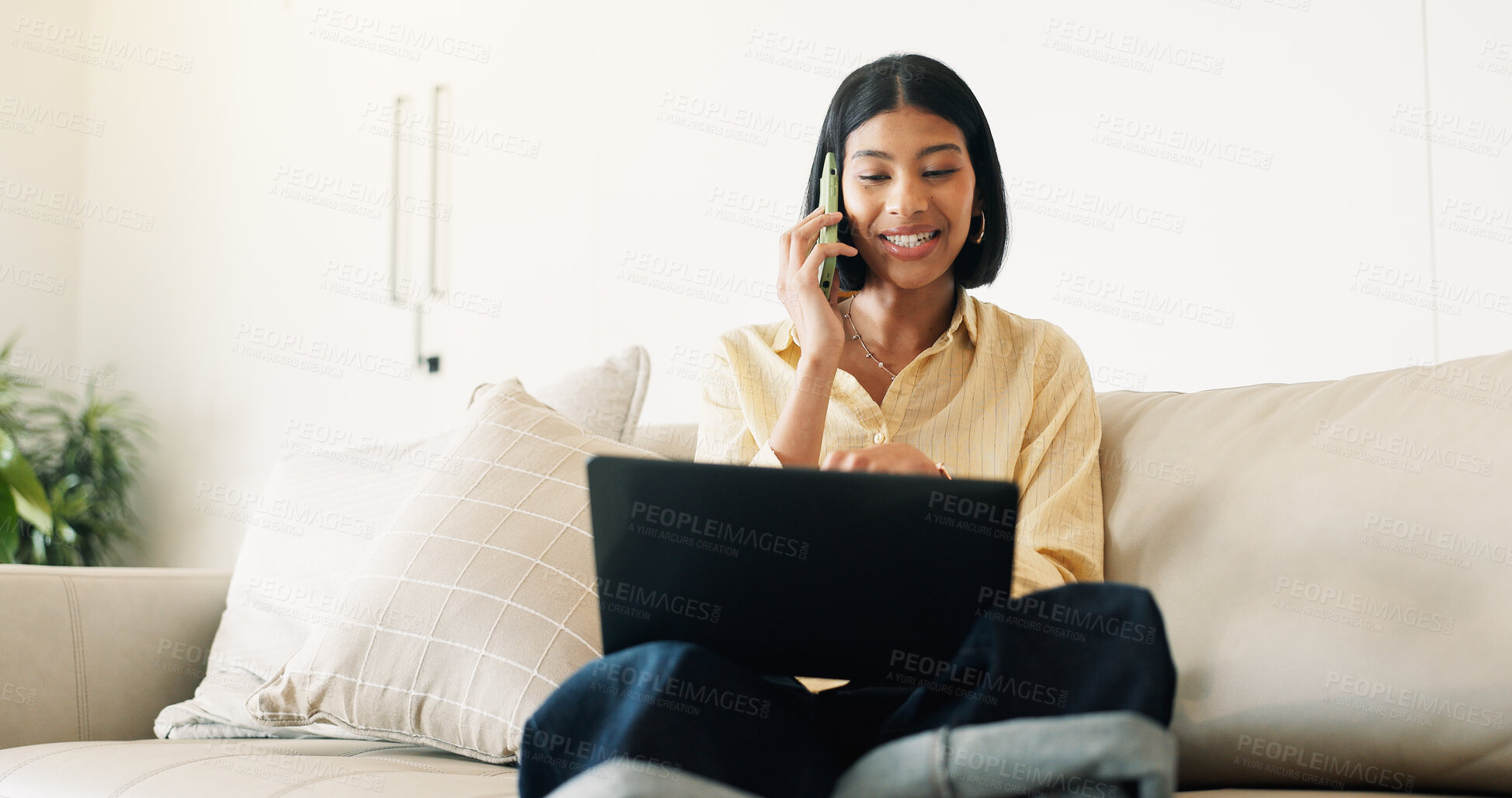 Buy stock photo Laptop, phone call and woman in house with remote work for creative project with feedback. Computer, happy and blogger on mobile discussion for review on freelance publishing in living room at home.