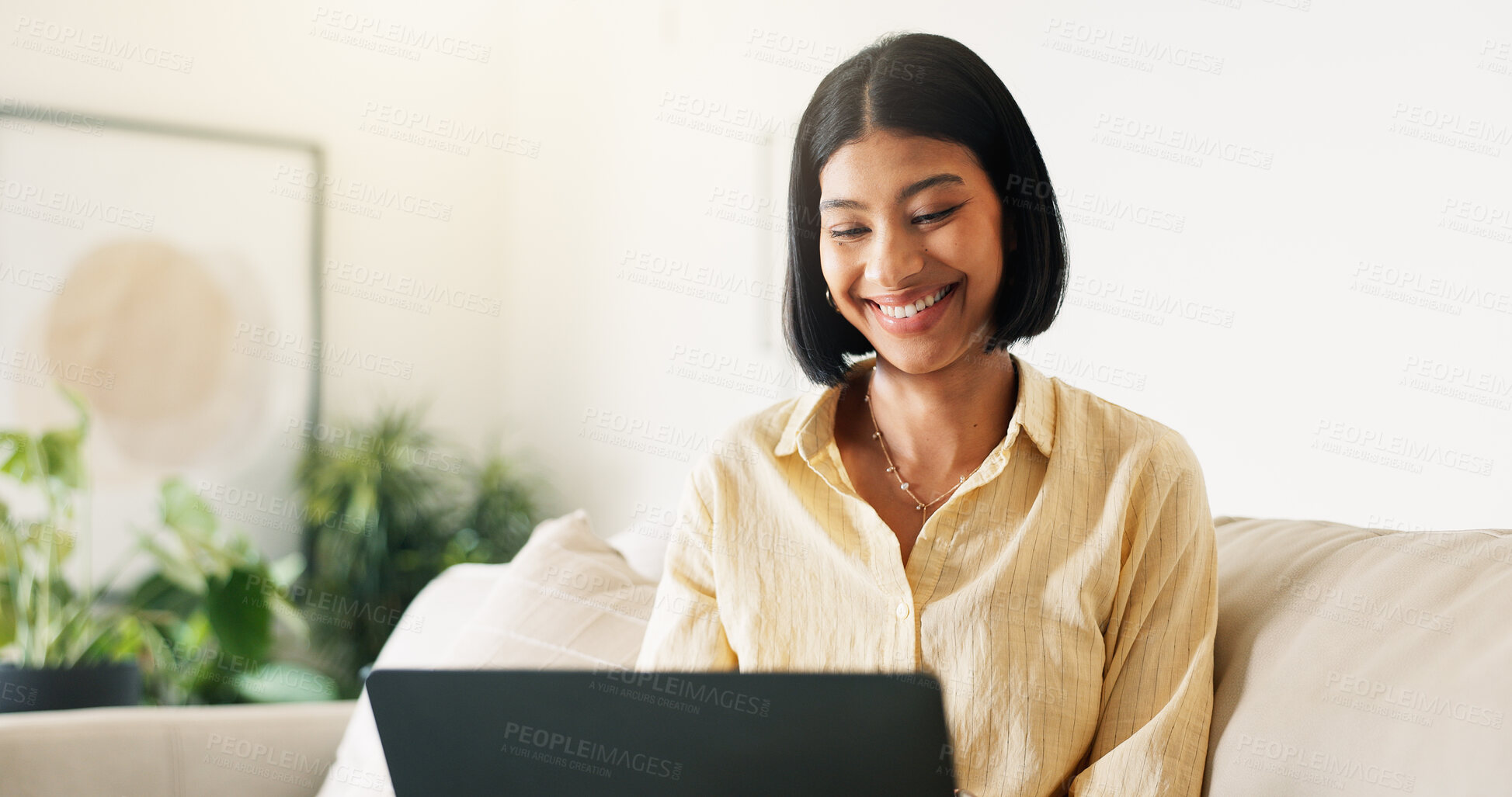 Buy stock photo Remote work, happy or woman in home with laptop, pitch research or positive feedback in digital marketing. WFH, smile or brand advisor with tech, report update or good news on creative ad campaign.
