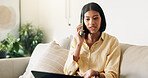 Laptop, phone call and woman in home with remote work for creative project with feedback. Computer, cellphone and blogger on mobile discussion for review on freelance publishing in living room.