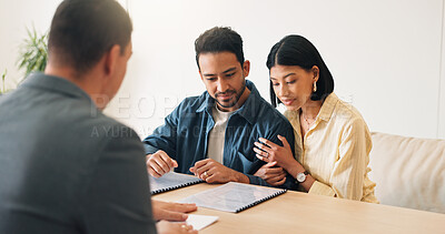 Buy stock photo Couple, reading and advisor in office with document, finance report and application for real estate. People, meeting and realtor with paperwork, property investment and financial form for purchase
