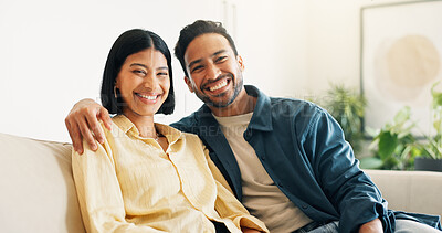 Buy stock photo Happy, portrait and couple on sofa in home with bonding, love and connection in marriage on weekend. Smile, relax and man embracing woman in living room for commitment, care and affection in house.