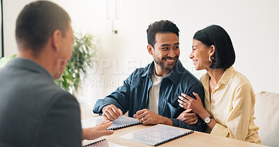 Buy stock photo Happy, couple and meeting in office with advisor, finance report and application for real estate. People, consultation and realtor with documents, property investment and financial form for purchase