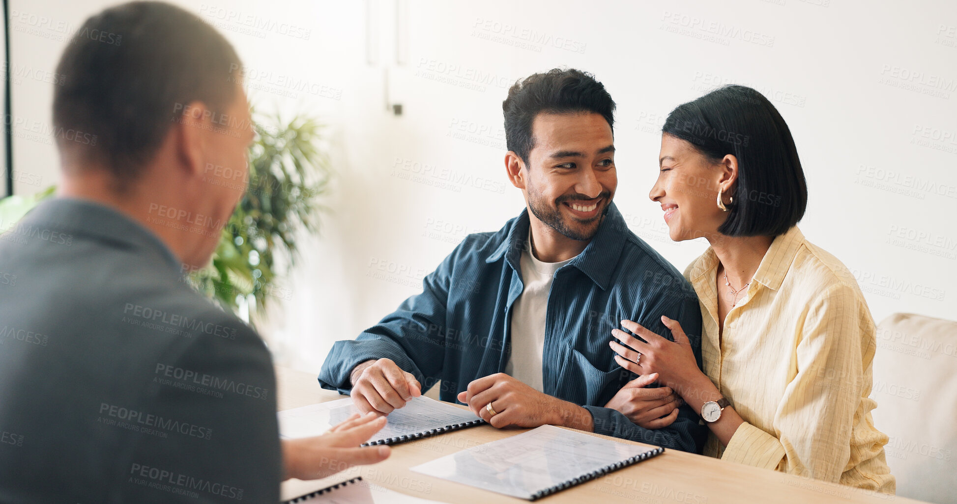 Buy stock photo Happy, couple and meeting in office with advisor, finance report and application for real estate. People, consultation and realtor with documents, property investment and financial form for purchase
