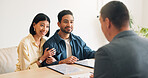 Smile, couple and meeting in office with advisor, finance report and application for real estate. People, consultation and realtor with documents, property investment and financial form for purchase