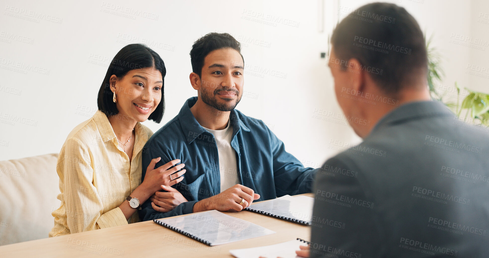Buy stock photo Smile, couple and meeting in office with advisor, finance report and application for real estate. People, consultation and realtor with documents, property investment and financial form for purchase